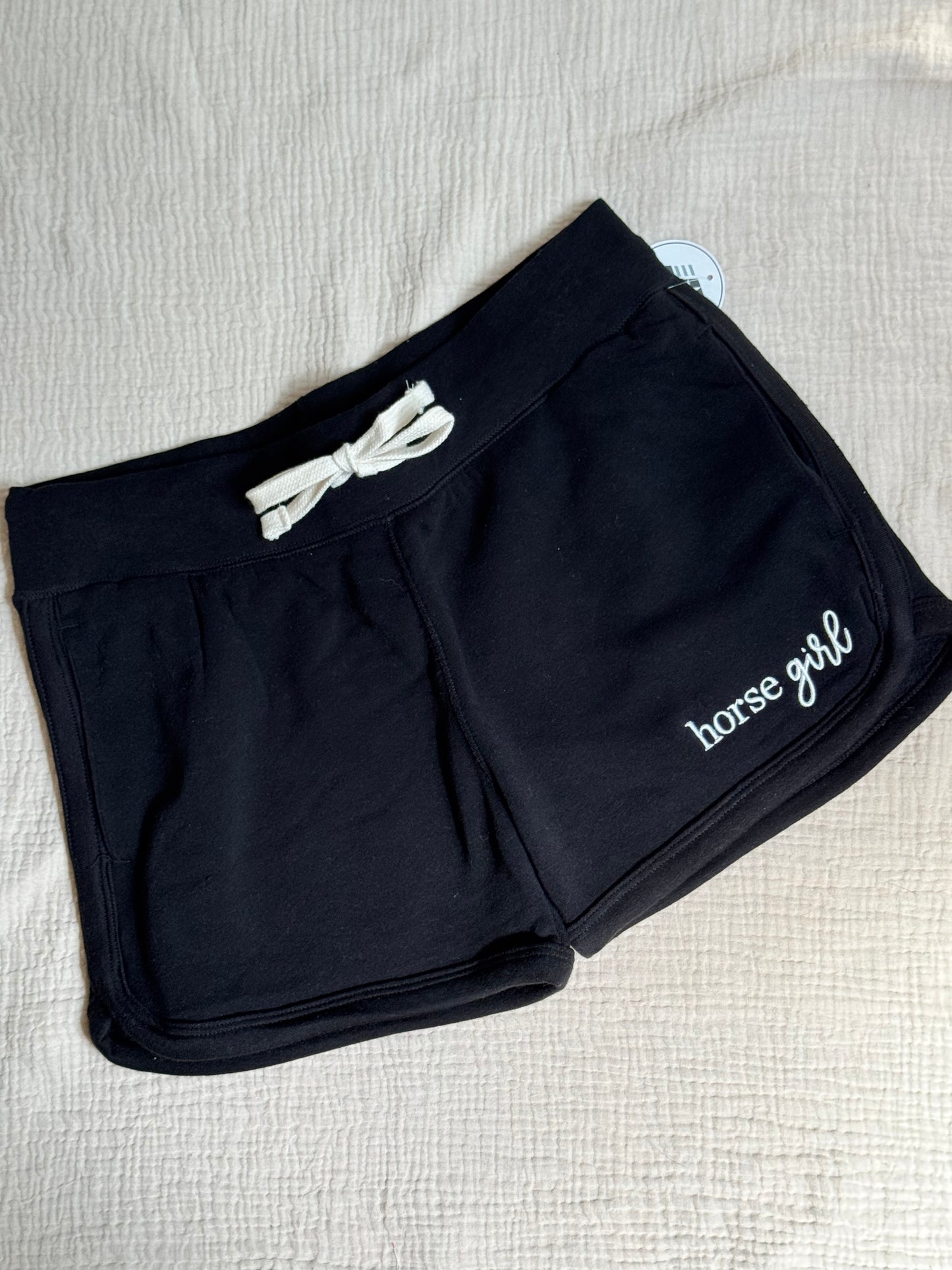 “Horse Girl” Embroidered Sweat Shorts — Black Equestrian Lounge Shorts