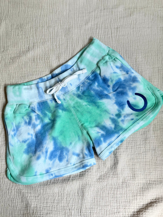 Tie-Dye Horseshoe Embroidered Shorts — Blue & Green Equestrian Sweat Shorts