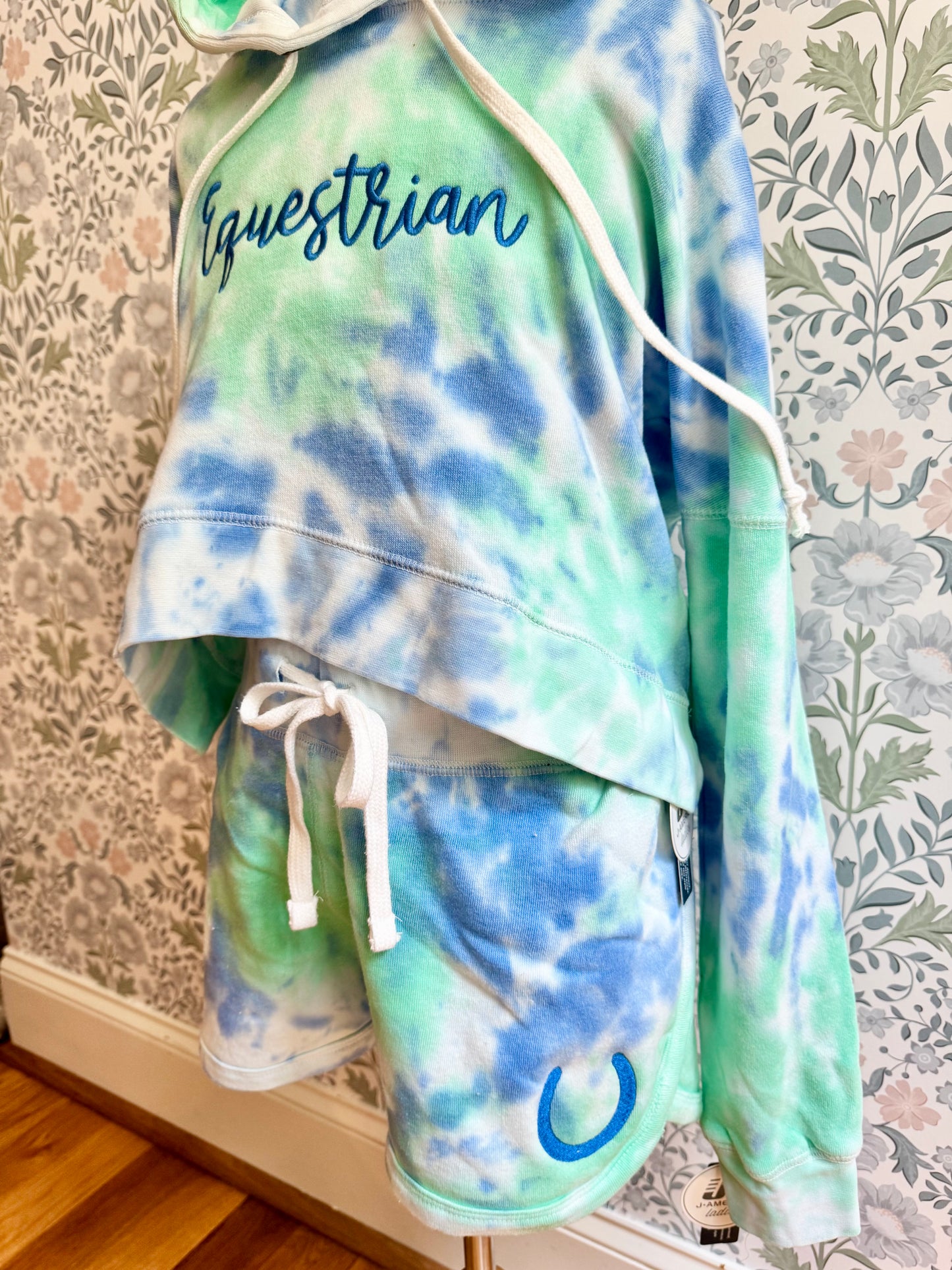 Tie-Dye Horseshoe Embroidered Shorts — Blue & Green Equestrian Sweat Shorts
