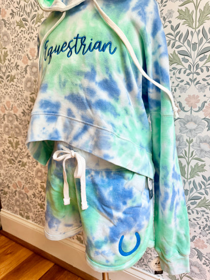 Tie-Dye Horseshoe Embroidered Shorts — Blue & Green Equestrian Sweat Shorts