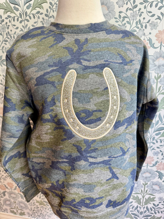Youth Camo Horseshoe Sweatshirt-Kids Equestrian Apparel
