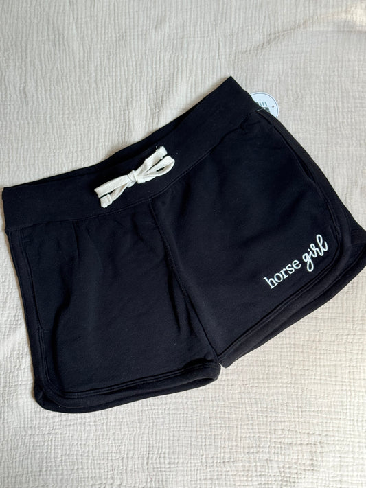 “Horse Girl” Embroidered Sweat Shorts — Black Equestrian Lounge Shorts
