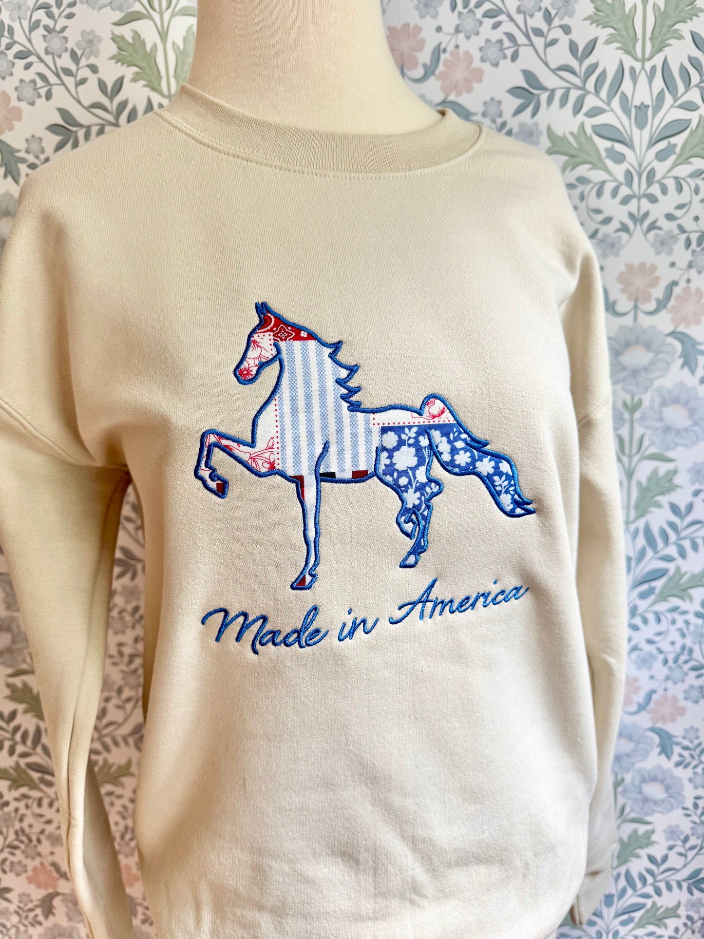 Made in America Patriotic Horse Sweatshirt-American Saddlebred Appliqué Crewneck