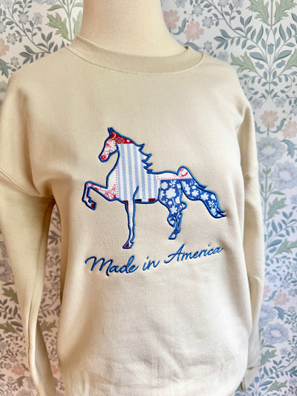 Made in America Patriotic Horse Sweatshirt-American Saddlebred Appliqué Crewneck