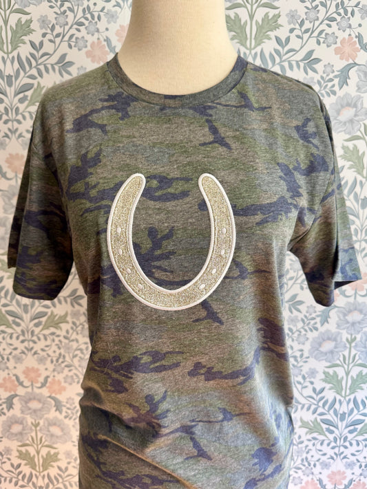 Camo Horseshoe Appliqué Tee — Embroidered Equestrian T-Shirt